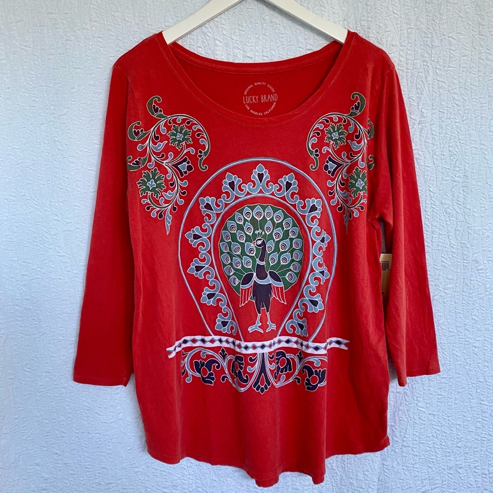 Lucky Brand Red Long Sleeve Tee with Peacock Graphic